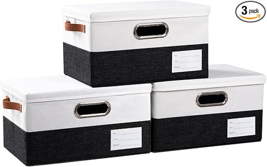 PRANDOM Storage Bins with Lids [3-Pack] Linen Fabric Foldable Storage Boxes Organizer Containers Baskets Cube with Cover for Bedroom Closet Office Black & White（11.4X8.6X6.7