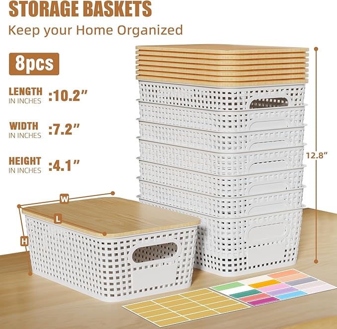 8 Pack Plastic Storage Bins with Bamboo Lids - Stackable Storage Baskets with Lids for Pantry Organizer and Storage, Small Plastic Stackable Storage Bins for Shelves, Office, Cabinet &Pantry,Nursery