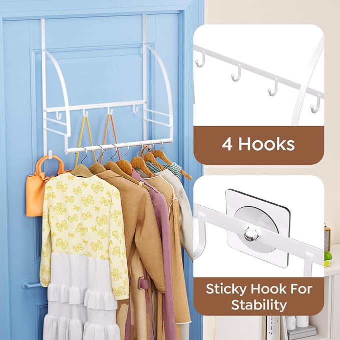 Kaiferty Over The Door Clothes Hanger Drying Rack, Over Door Drying Rack Hooks for Hanging Towels, Coats & Clothes, Door Hanger Organizer Storage for Bathroom Bedroom Laundry Dorms Washroom (White)