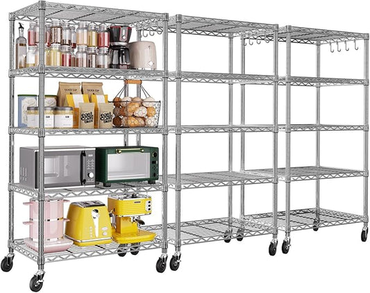 PrimeZone 3 Pack Steel Storage Wire Shelving 5 Tier Metal Shelves with Wheels,Adjustable Kitchen Utility Shelving Unit,Pantry Rack Rolling Metal Shelf Laundry,Chrome 24" Wx18 Dx75 H