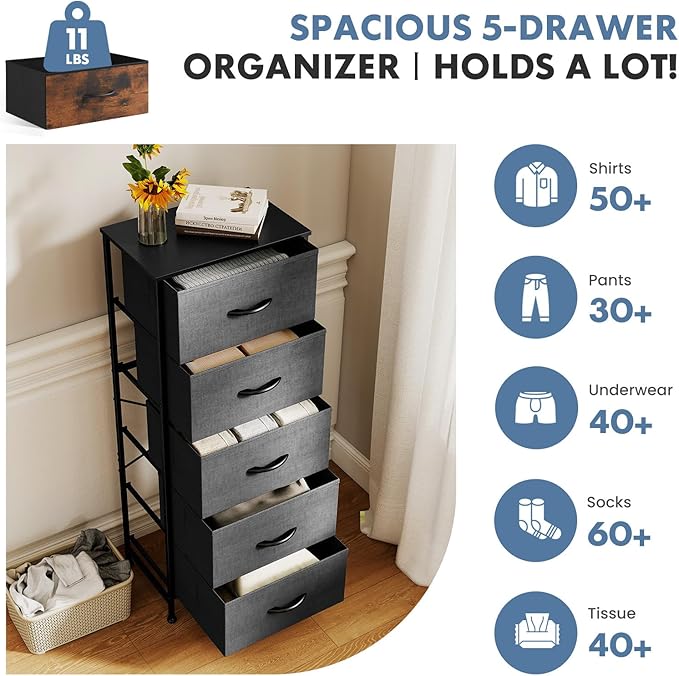 DUMOS Nightstand with 5 Drawers Bedside Table with Removable Fabric Bins Sturdy Steel Frame Wood Top Organizer Furniture for Bedroom Nursery Closet Living Room, Grey