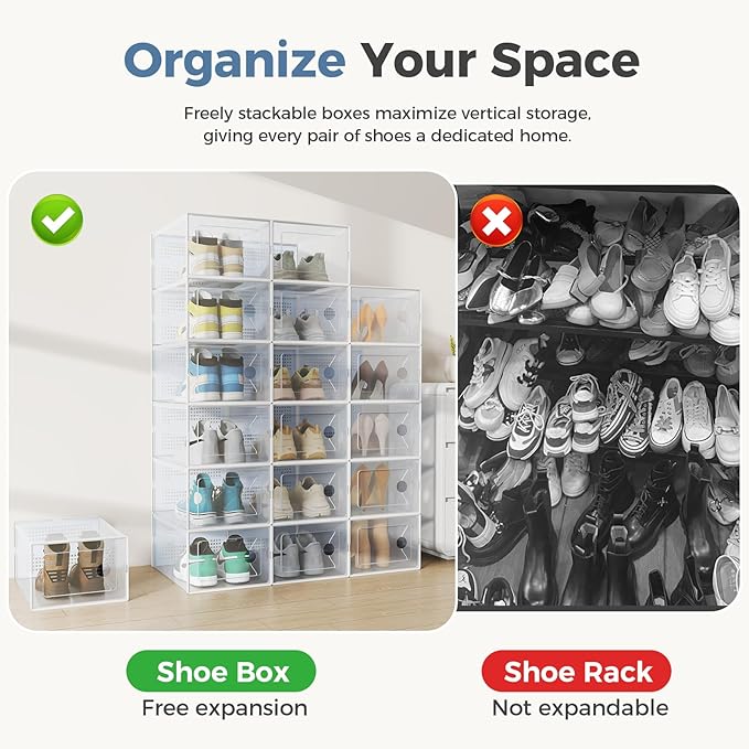 DUMOS Shoe Storage Boxes, 12-Pack Stackable Clear Shoe Containers with Lids, Display Sneaker Case Organizer for Closet, Under Bed, Entryway,White (Fit Size 9)