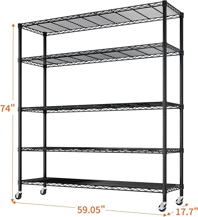 5 Tier Storage Racks Shelving, Heavy Steel Pantry Shelves, Adjustable Wire Shelving Rack with Wheels, Suitable for Garage, Kitchen, Bathroom, Office, 35" W x 14" D x 65" H, Black