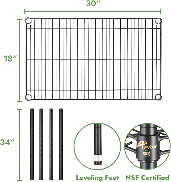 APLSS 18" D x 30" W x 34" H Black Heavy Duty Wire Shelving with 3 Tier Shelves, NSF Certified, Height Adjustable, Wet&Dry Environments, for Kitchen Garage Walk-in Cooler&Freezer, 800lbs Capacity