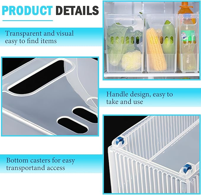 3 Pcs Plastic Freezer Organizer Bins with Wheel, Tall Narrow Pantry Organizer Kitchen Organization Rolling Bins Snack Storage Containers for Fridge, Cabinet, Bathroom, Office (3 Sizes)