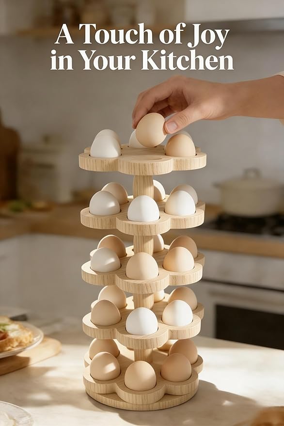 Wooden Egg Holder Countertop 360° Rotating, Egg Rack for 30 Eggs, Spiral Egg Storage Organizer for Kitchen Counter, Farmhouse Fresh Chicken Egg Dispenser for Home, Family (Wood)