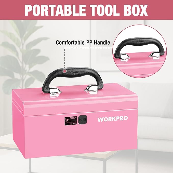 WORKPRO 10.8" Portable Mini Metal Tool Box with Removable Color-Matching Tray, One-Button Latch Toolbox, Steel Tool Chest with PP Handle, Compact Storage Organizer for Home, Office or Workshop