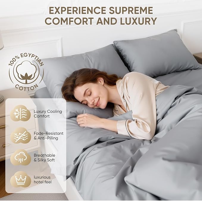 TWK 1200 Thread Count 100% Egyptian Cotton Sheets Bed Set,Thickness,Long-Lasting Durability,Resists Pilling,Deep Pocket Up to 18",with a Laundry Bag (Gray, Queen)