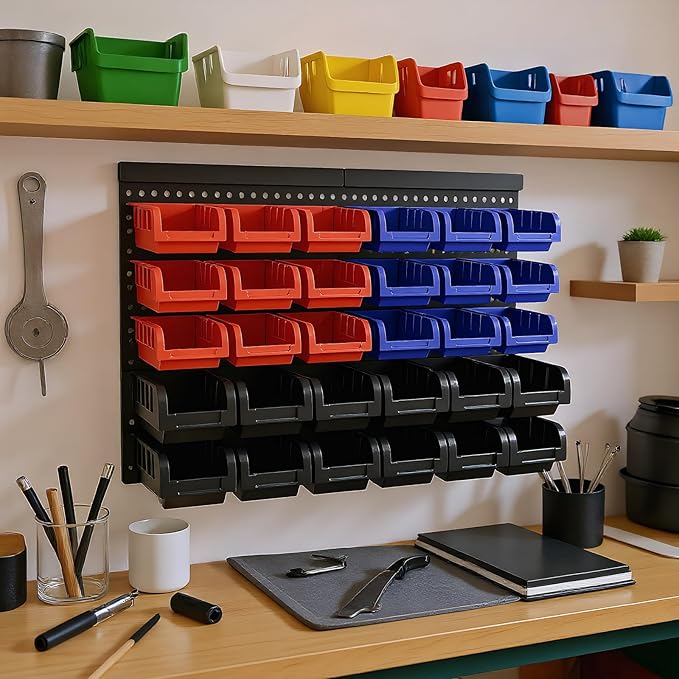 Wall Mounted Storage Bins, Nut and Bolt Organizer, Plastic Bolt Bin, Screw Organizer, Storage Bins for Garage (RED+BLUE+BLACK, SMALL(30PCS))