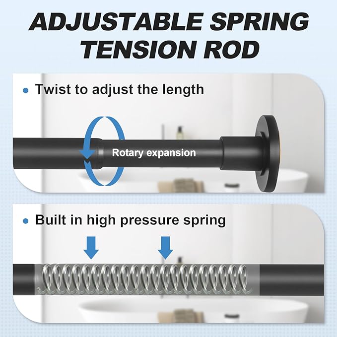 CorkLatta Black Shower Curtain Rod 31 to 92 Inch,1 Inch Diameter Adjustable Spring Tension Stainless Steel Telescoping Rod,Easy Install,No Rust
