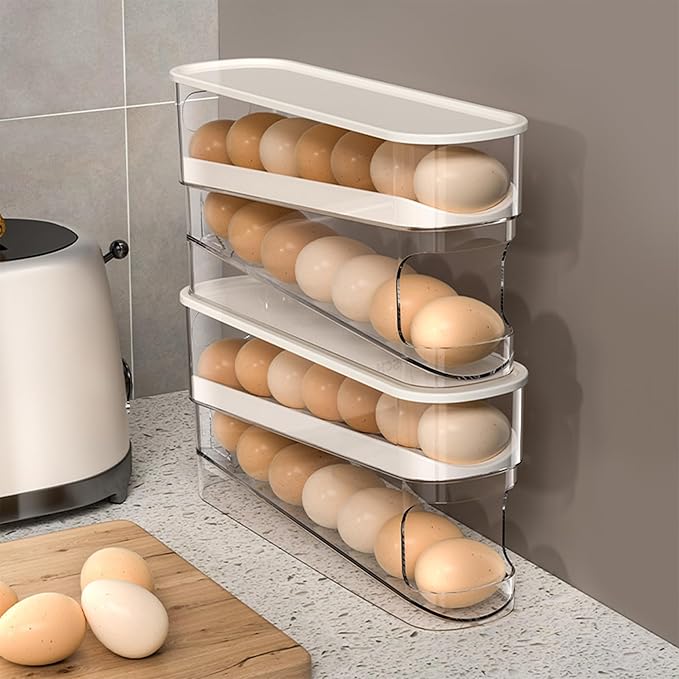WACOI Auto Rolling Fridge Egg Organizer, Space Saving Eggs Dispenser for Refrigerator Storager with Lid,Egg Holder for Fridge 2 Pack
