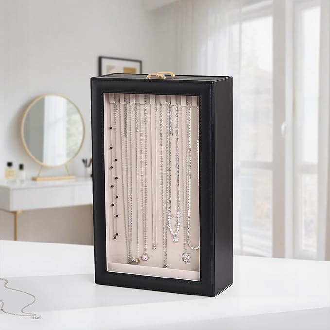 Lolalet Necklace Organizer Box, Jewelry Storage Box with Clear Window for Necklaces Bracelets, Tangle-Free Necklace Display Case for Women Girls, Mothers Day Gift