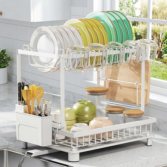 Multifunctional Dish Drying Rack - Rustproof, 2-Tier Dish Racks with Drainboard, Space-Saving Design, Utensil & Cup Holder for Kitchen Counter, White