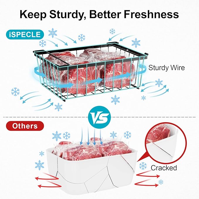 iSPECLE Freezer Organizer Bins - 4 Pack Stackable Deep Freezer Organizer Bins for 5 Cu.Ft Chest Freezer Sort Frozen Food, Heavy Duty Metal Storage Bins with Handles, Easy Access without Digging