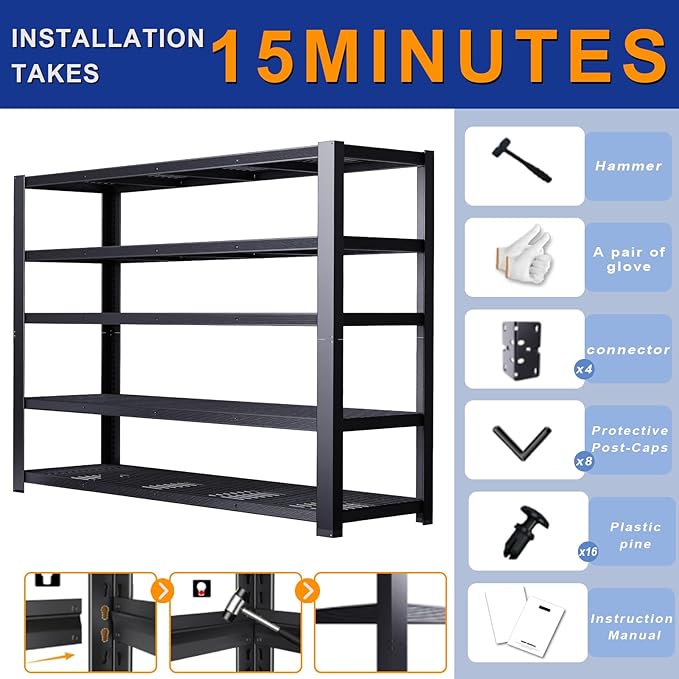 Heavy Duty Storage Shelves 62" W, Metal Shelving Rack, Garage Storage Shelf, Black Adjustable Shelving Unit for Garage, Basement, Warehouse, Workshop 3050 lbs,62" W x 24" D x72 H