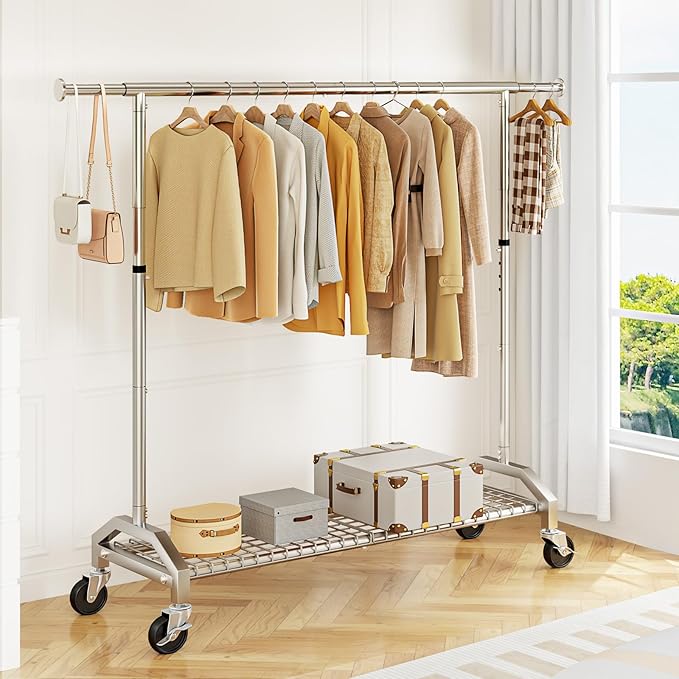 Wiracks Clothes Rack for Hanging Clothes 350lbs Heavy Duty Clothing Rack 51 to 71" W x 16.53" D x 65" to 71" H Adjustable Rolling Clothes Rack Coat Rack Garment Rack 3" industrial Wheels Silver
