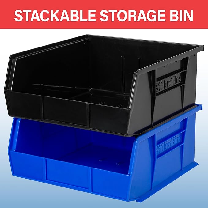 Akro-Mils 30235 AkroBins Plastic Storage Bins, Space-Saving Stackable Bins for Garage, Pantry, Craft Organization, 11" x 11" x 5", Black, 6-Pack