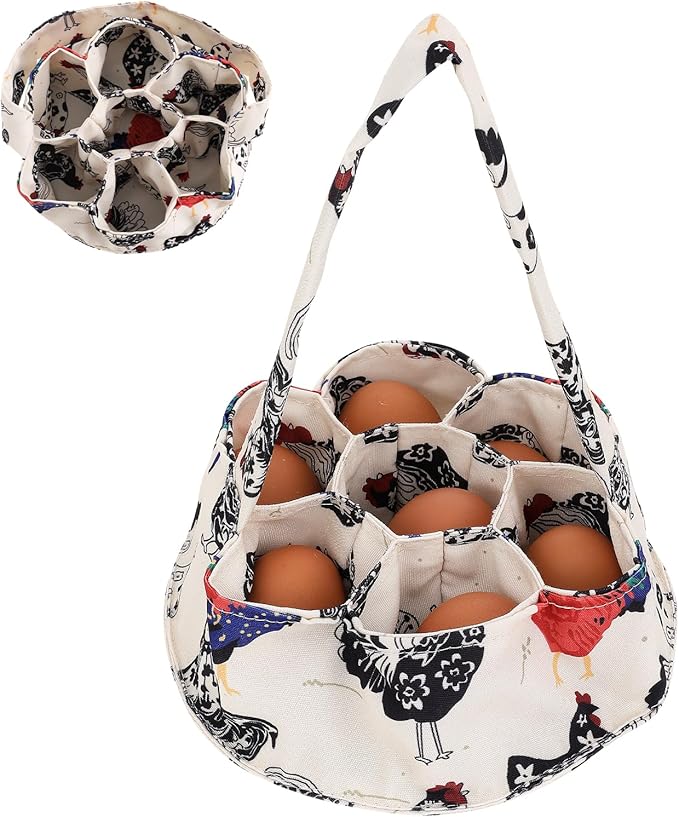 JJUNW 1 Pc Egg Collection Basket, Farmhouse Chicken Egg Holder with 7 Bags, Handheld Egg Purse Egg Basket for Collecting Fresh Eggs, Housewife Garden Transport Storage(Beige Chicken)