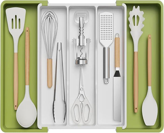 Lifewit Utensil Organizer for Kitchen Drawers, Expandable Cooking Utensil Tray, Adjustable Cutlery Silverware Flatware Holder, Plastic Spatula Tools Storage Divider, 13-22 x 15", Green&White