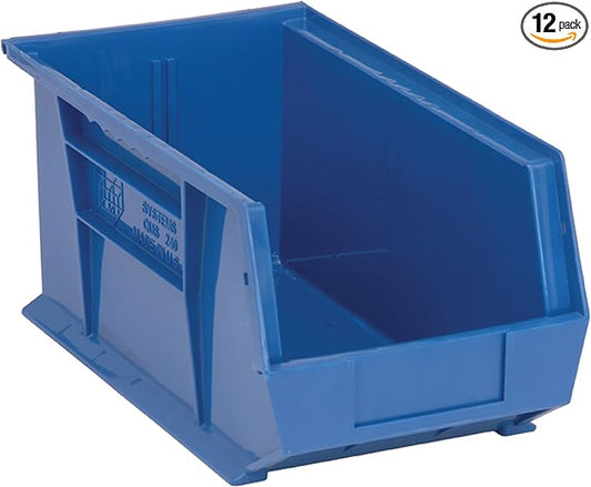 Quantum Storage QUS240 Heavy-Duty Stackable Plastic Storage Bins for Workshop, Warehouse & Garage, Ultra Stack & Hang, 14-3/4" x 8-1/4" x 7", Blue, 12-Pack
