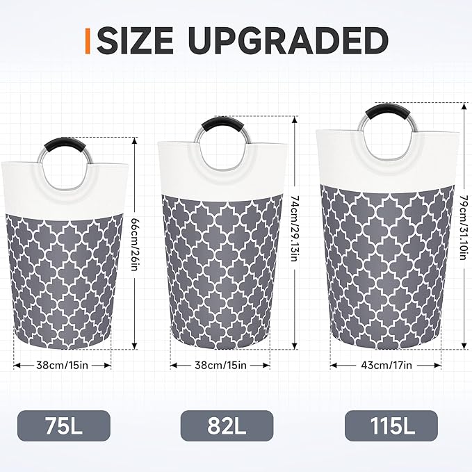 Fabspace Large Laundry Basket Laundry Hamper Bag Washing Bin Clothes Bag Collapsible Tall with Handles Waterproof Travel Bathroom College Essentials Storage for College Dorm, Family (Grey) 115L