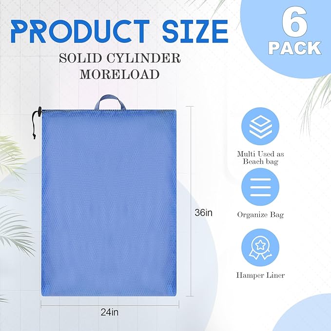 6 Pack 24 x 36 Inches Colorful Soft Mesh Laundry Bag with Handles Machine Washable Secure Drawstring Closure Large Sturdy Mesh Net Laundry for College Travel Dorm Laundromat