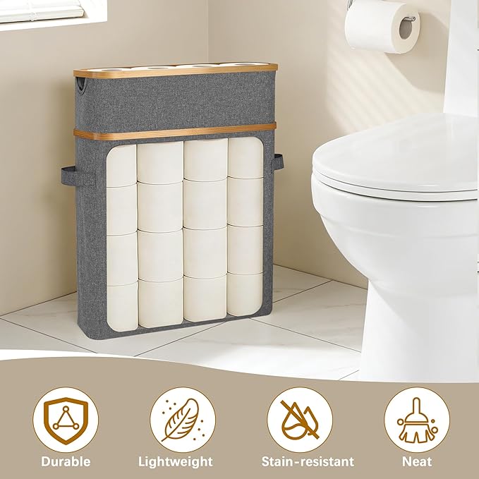 Livole 2-in-1 Toilet Paper Storage with Lid Toilet Paper Basket- 20 Regular Rolls or 15 Mega Rolls Extra Large Toilet Paper Organizer for Bathroom, Grey
