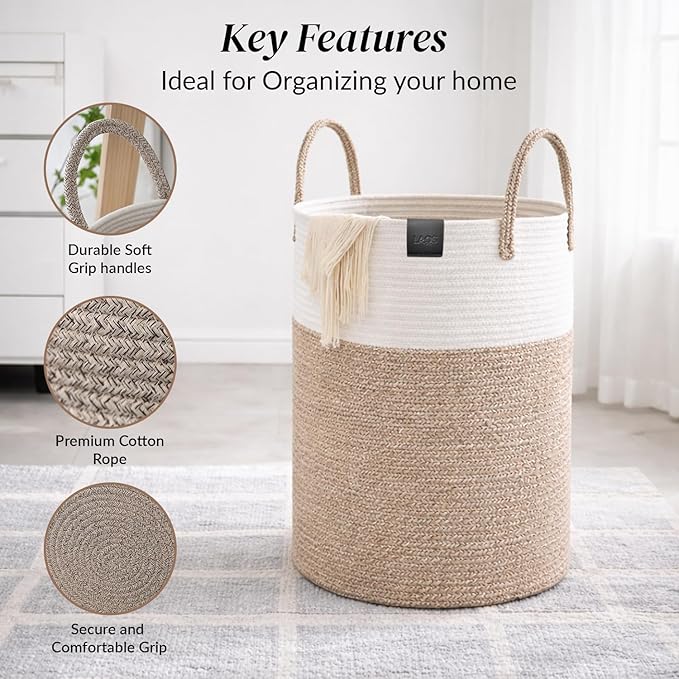 Laundry Basket 58L, Large Laundry Hamper for Dirty Clothes, woven baskets for storage Bedroom, Bathroom & Nursery, Sturdy Laundry Bin for Blanket Storage, Kids Clothes Hamper