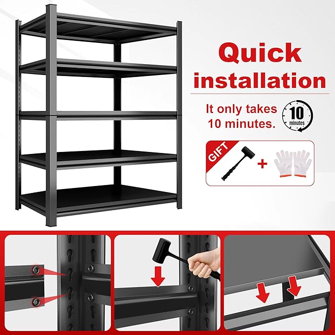 46"W Garage Shelving Metal Garage Shelf Unit 5 Tier Storage Shelves Heavy Duty Shelf Organizer Industrial Shelves for Warehouse Basement Kitchen Pantry, with Fencing, Black, 20" D x 46'' W x 63'' H