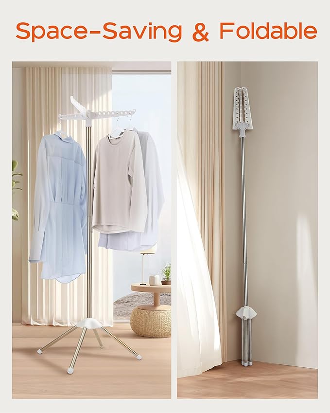 CASAMAYA Clothes Drying Rack Foldable, 59 inch Tripod Laundry Drying Rack Indoor with Rotating Clothes Rail for 27 Pieces of Clothes, Space Saving, Stainless Steel, White and Silver CDR001W01