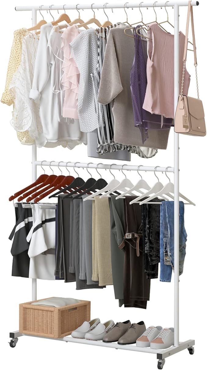 Sywhitta Double Rod Clothing Garment Rack, Rolling Clothes Organizer on Wheels for Hanging Clothes, Easy to Assemble, Adjustable, White