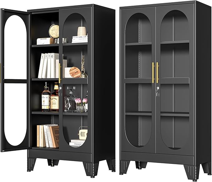 PAOFIN 61" H Locking Display Cabinet with Glass Door, Metal Cabinets with 3 Adjustable Shelves, Cabinet Display Case for Living Room, Collectibles, Clinic, Home - Assembly Required Black