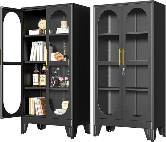 PAOFIN 61" H Locking Display Cabinet with Glass Door, Metal Cabinets with 3 Adjustable Shelves, Cabinet Display Case for Living Room, Collectibles, Clinic, Home - Assembly Required Black