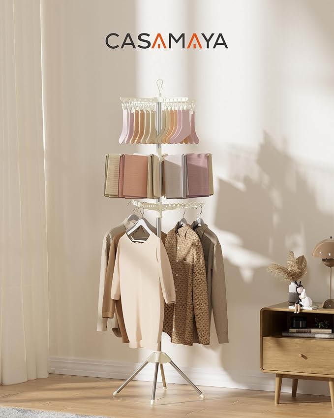 CASAMAYA Clothes Drying Rack Foldable, 79.5 inch 3 Tier Laundry Drying Rack with Rotating Clothes Rail for 27 Pieces of Clothes and 24 Clips for Hanging Socks,Space Saving, White and Silver CDR003W01