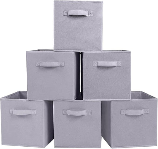PowerKing Collapsible Storage Cubes with Handles, Fabric Foldable Bins for Closet Shelves, Durable Organization Storage Bins, 10.5'' x 11'' x 10.5'', 6 Pack, Light Grey