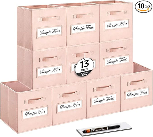 artsdi 13x13x13 storage cube bins(Set of 10) Fabric storage cubes with 10 Labels Window Cards & a Pen, storage cubes 13x13, Collapsible 13 inch cube storage bins, Cubby Organizer Boxes, Pink