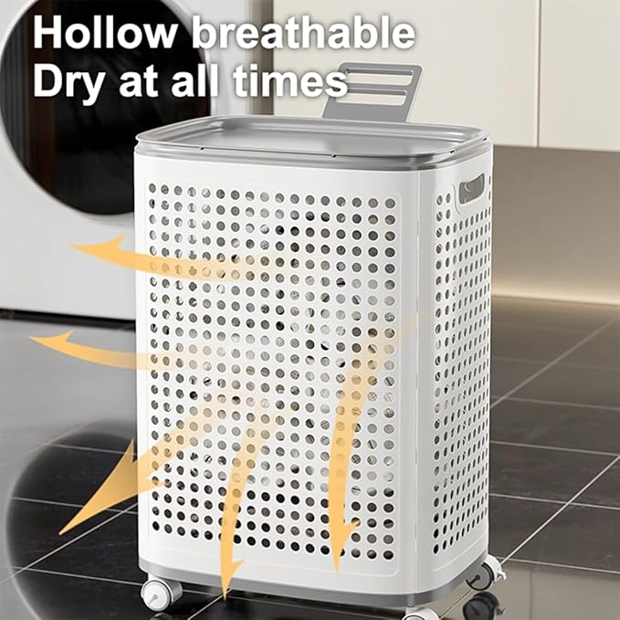 Plastic Laundry Basket with Lid and Wheels, Clothes Hamper with Side Compartments and Brakes, Portable Laundry Hamper on Wheels for Easy Mobility for Bathroom and Bedroom