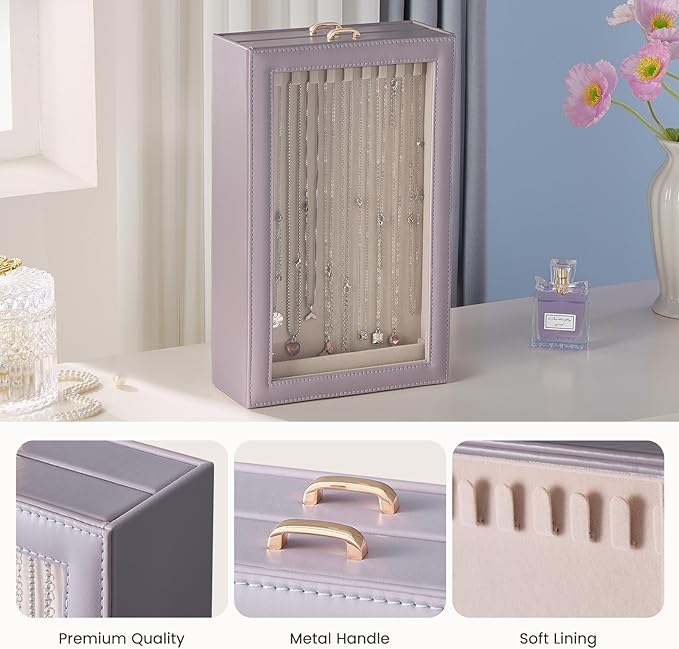 Lolalet Necklace Organizer Box, Jewelry Storage Box with Clear Window for Necklaces Bracelets, Tangle-Free Necklace Display Case for Women Girls, Mothers Day Gift