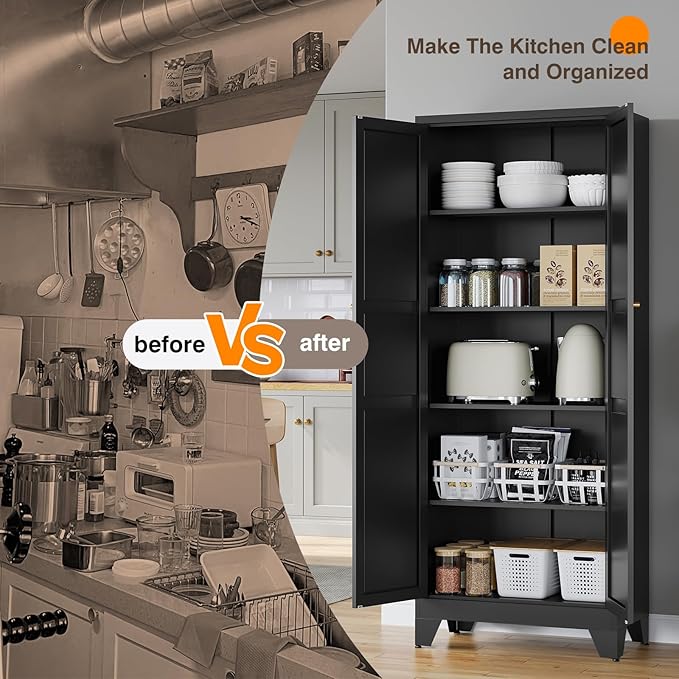 Yizosh Metal Storage Cabinet with 2 Doors and 4 Adjustable Shelves,- 72" Black Kitchen Pantry Storage Cabinet for Kitchen,Living Room,Dining Room