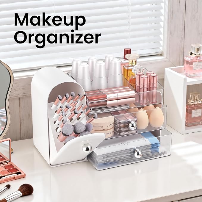 Makeup Organizer,Vanity Organizer with Makeup Brush Holder,Large Skincare Organizers with Drawers,Bathroom Countertop Organizer,Storage Lipstick,Perfume,Nail Polish,Beauty,Mothers Day Gifts