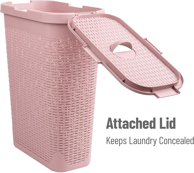 Mind Reader Slim Laundry Hamper with Lid, 40L Clothes Basket, Narrow Tapered Design with Ventilated Cutout Pattern, Plastic, Set of 2, Pink