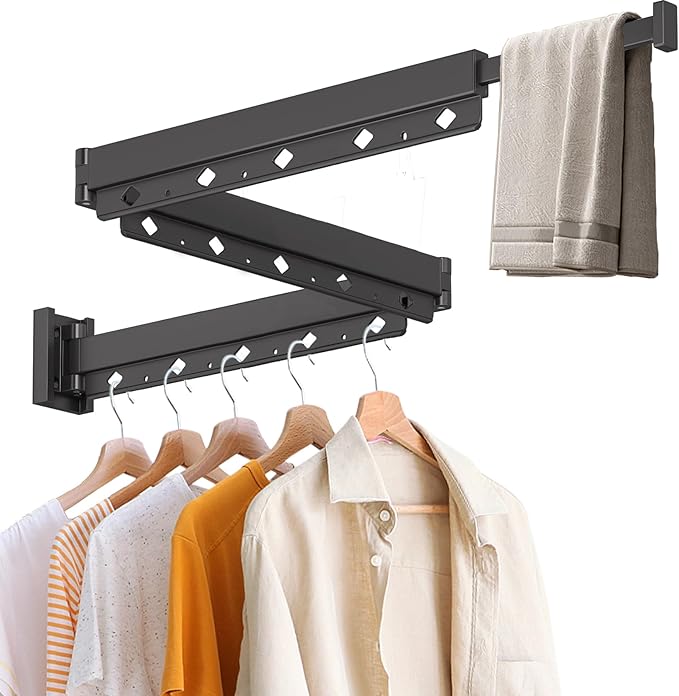 Wall Mounted Clothes Hanger Rack Folding Wall Mounted Clothes Hanger for Laundry (3-Fold Black)