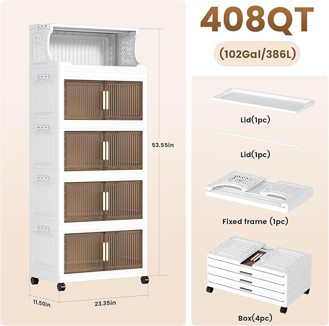 5 Tier Plastic Storage Bins with Top Open Shelf, Folding Storage Box with Doors and Wheels, Stackable Closet Organizers for Living Room, Office, Dorm