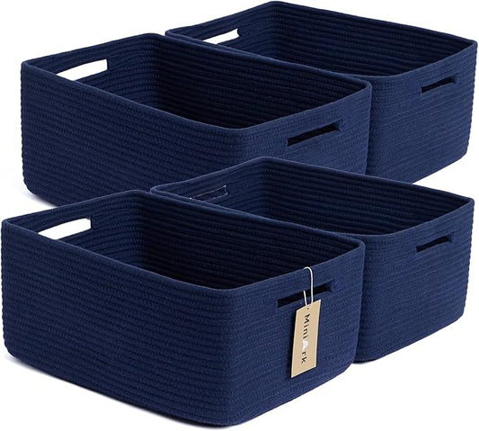 MiniArk Large Storage Baskets for Organizing, Closet Shelf Baskets for Clothes Blanket Towels, Baby Nursery, Toy Bins Box, Woven Rope Baskets, 17 x 13 x 7.5”, 4 Packs Navy Blue