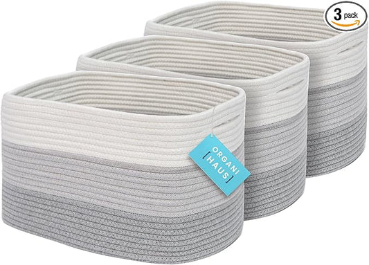 OrganiHaus Rope Baskets for Shelves - Set of 3 Woven Storage Baskets for Organizing, Closet & Toy Storage - 3-Toned Gray - 15x9x10