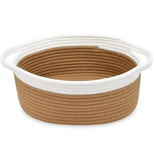 ABenkle Small Basket with Handles, Boho Decorative Rope Woven Dog Cat Toy Storage Bin Shelf Storage Organizer, Easter Christmas Gift Basket, 12"x8"x5", Brown