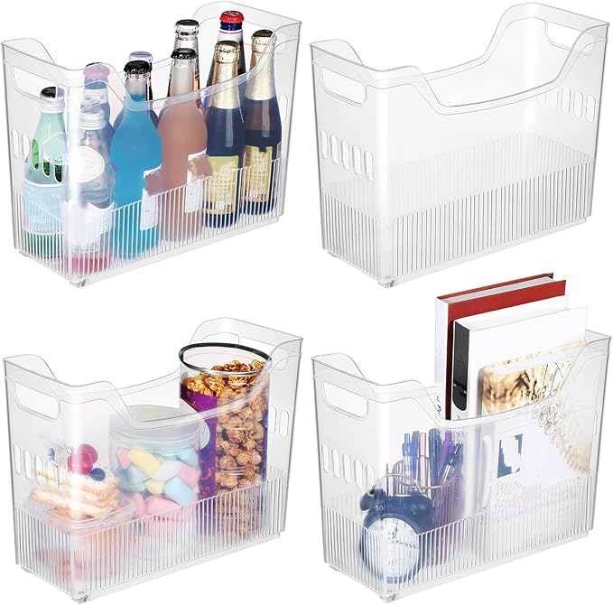 Beeveer 4 Pcs Plastic Freezer Organizer Bins with Wheel Tall Narrow Kitchen Pantry Organizer Snack Storage Containers for Office Refrigerator(10 x 13.3 x 5.5 Inch)