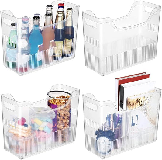 Beeveer 4 Pcs Plastic Freezer Organizer Bins with Wheel Tall Narrow Kitchen Pantry Organizer Snack Storage Containers for Office Refrigerator(10 x 13.3 x 5.5 Inch)