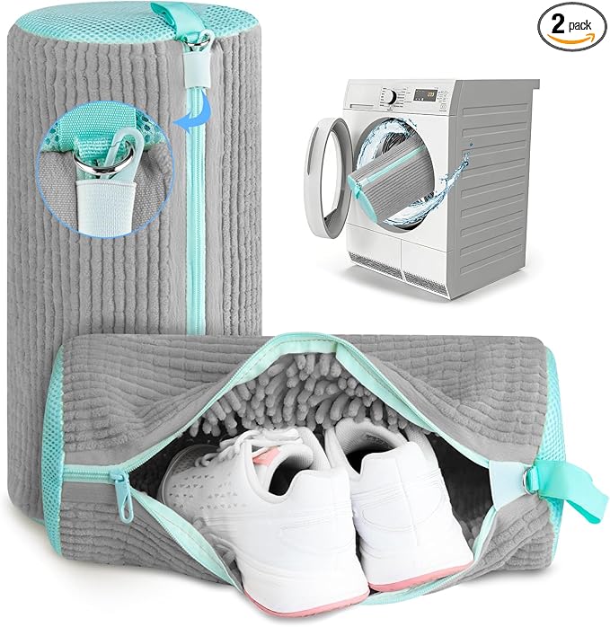 Shoe Washing Machine Bag, 2 PC Reusable XXL Shoes Laundry Bag for Washer & Dryer with Concealed Heavy-Duty Zipper to Protects Shoes & Machine, Cleaning Bag for Sneakers & Tennis Shoe(Yellow)