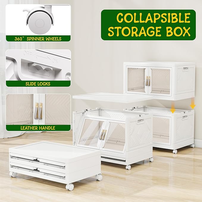 UAMFURI Stackable Storage Bins with Doors & Lids & Wheels, Foldable Collapsible Closet Organizers, Large Storage Cabinet for Bedroom Dorm (2, L)